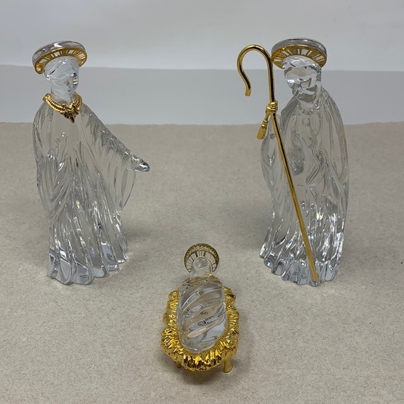 Vintage Other - Gorham Crystal Christmas Nativity Figurine 3 piece Gold Accent Jesus Mary Joseph
